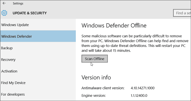 Windows 10 Defender para permitir el escaneo sin conexión para malware