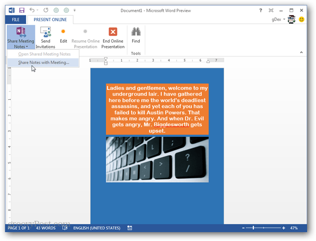 Presente cualquier documento o presentación de Office 2013 en línea al instante
