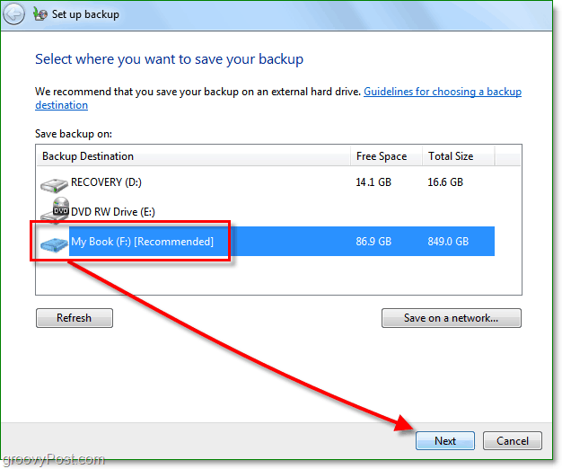 Copia de seguridad de Windows 7: seleccione una ubicación de copia de seguridad