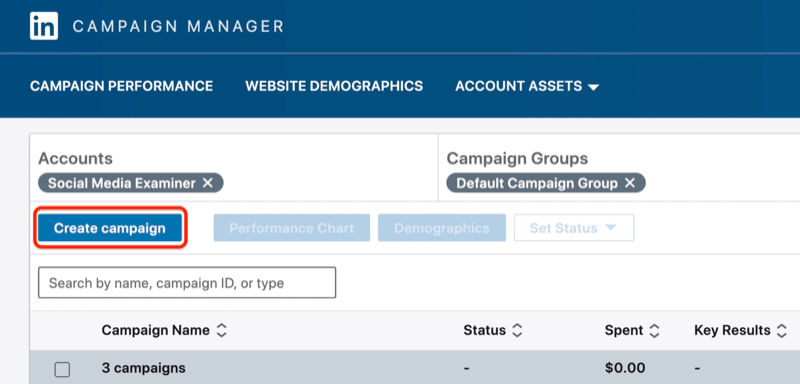 Botón Crear campaña en LinkedIn Campaign Manager