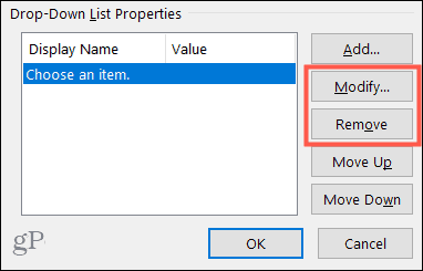 Modificar o eliminar una opción de lista