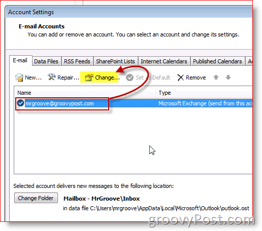 Outlook 2010 Captura de pantalla cambiar la configuración de correo electrónico