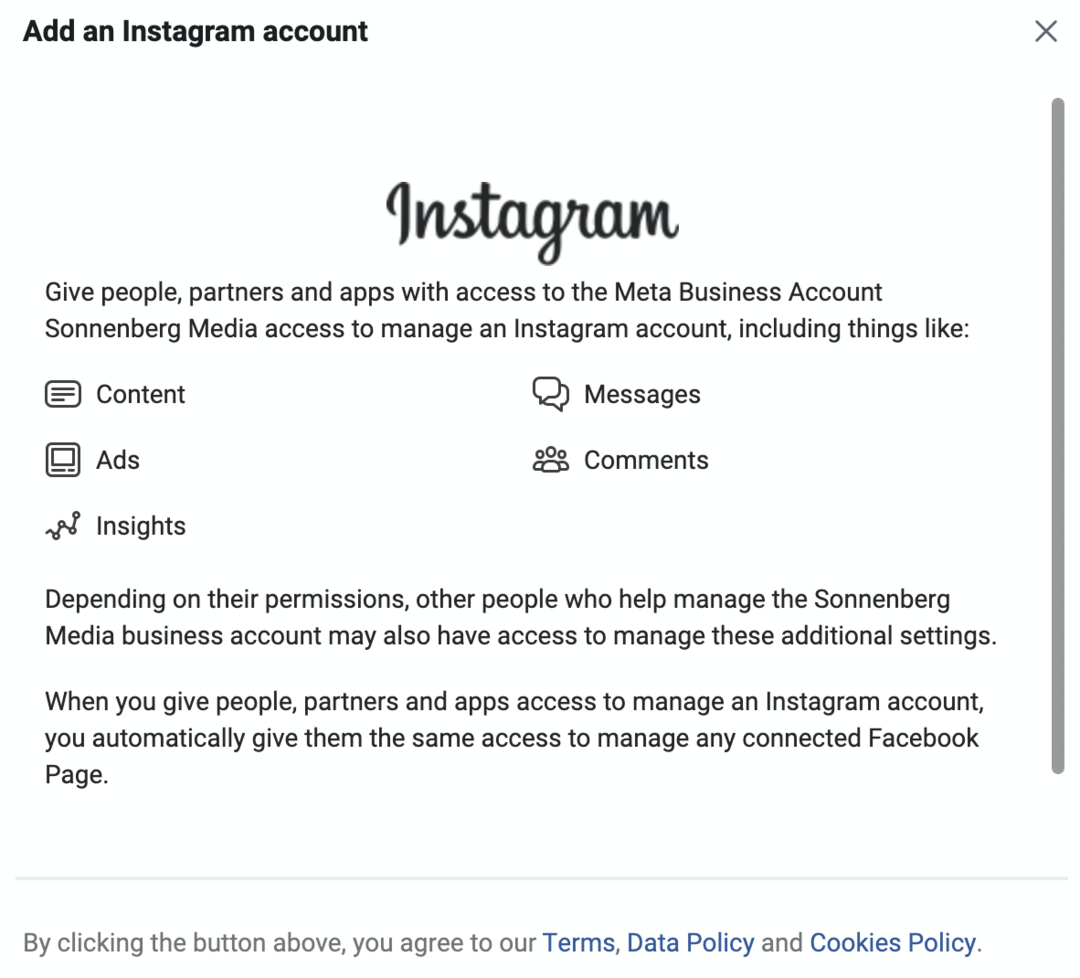 imagen de la pantalla Agregar una cuenta de Instagram en Meta Business Manager