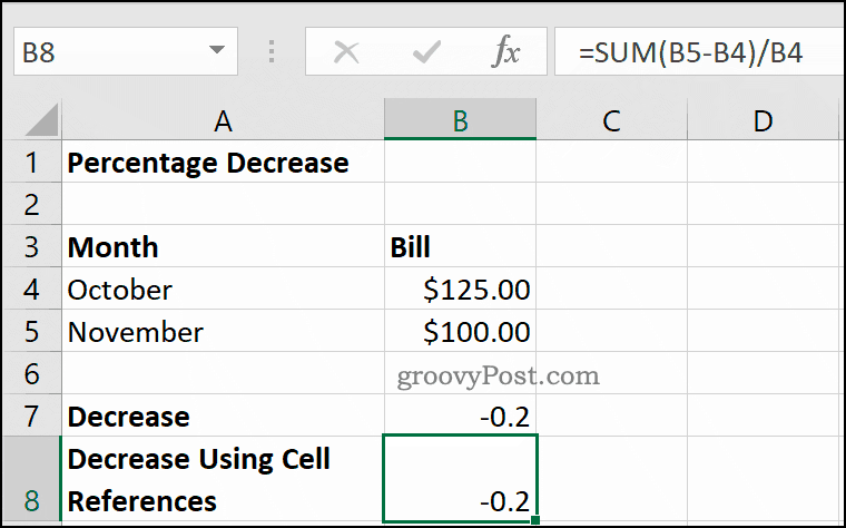 Un ejemplo de disminución porcentual en Microsoft Excel