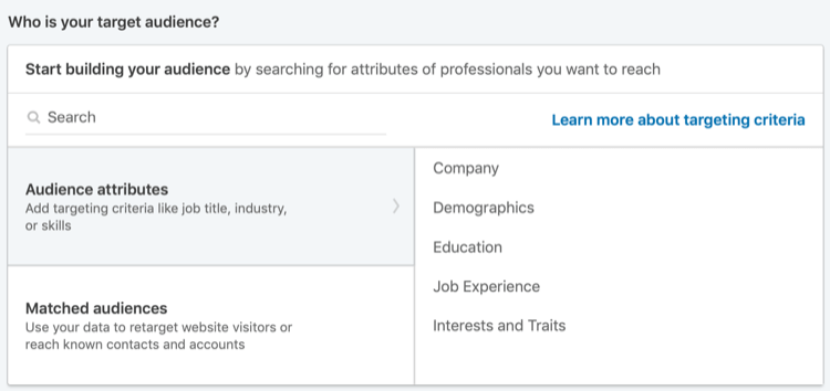 atributos de audiencia para anuncios de LinkedIn