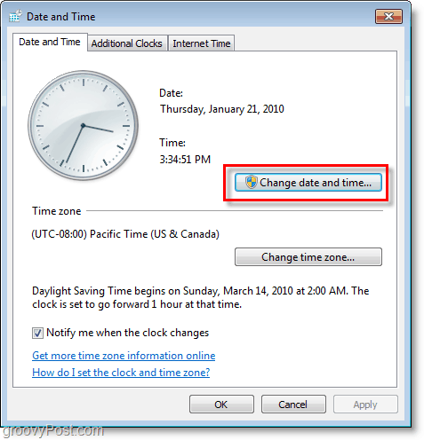 Captura de pantalla de Windows 7: cambie la fecha y la hora