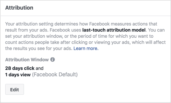 La configuración predeterminada de la ventana de atribución de Facebook muestra las acciones realizadas dentro de 1 día de ver su anuncio y dentro de los 28 días de hacer clic en su anuncio. 