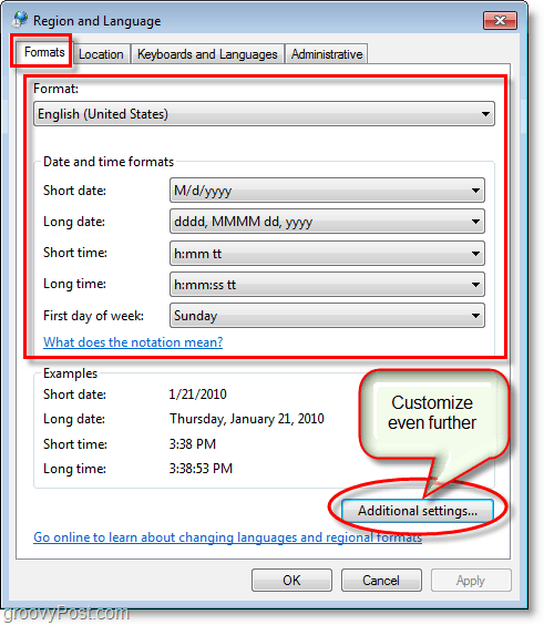 La captura de pantalla de Windows 7 cambia la configuración de los formatos de región e idioma