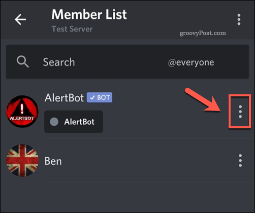 Acceder a la lista de opciones para un miembro del servidor de Discord