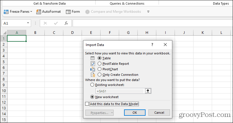 Excel opciones de importación de datos