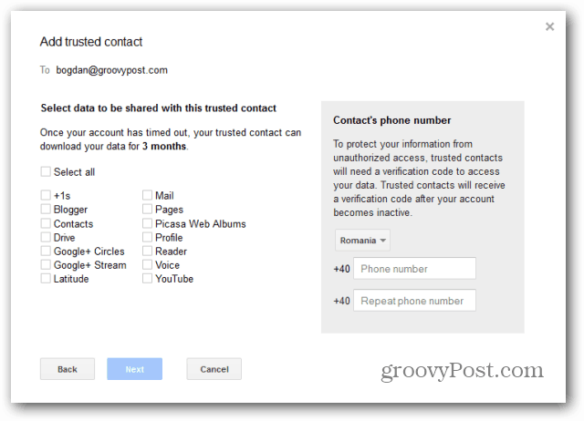 Verificación de contacto de Google Inactive Account Manager