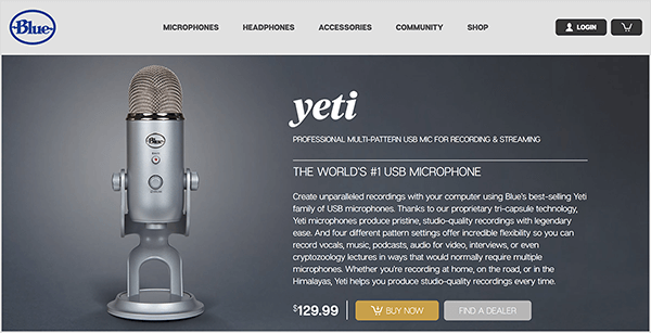 Dusty Porter recomienda actualizar a un micrófono USB como el Blue Yeti. En la página de ventas azul del micrófono Yeti, aparece una imagen de un micrófono cromado sobre un soporte sobre un fondo gris oscuro. El precio aparece como $ 129,00.