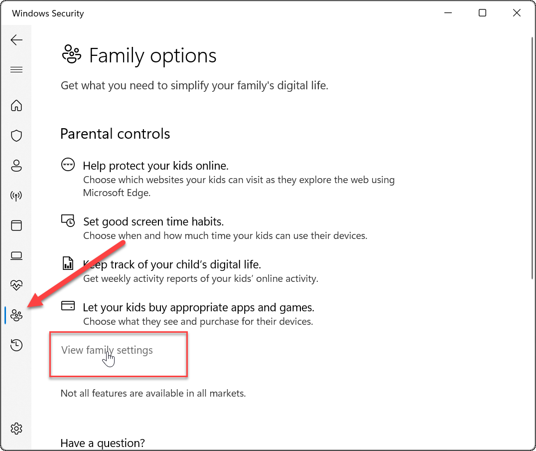 Opciones de la familia de seguridad de Windows