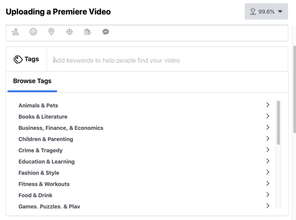 Cómo configurar Facebook Premiere, paso 4, etiquetas de video