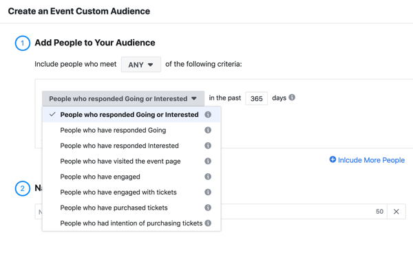 Cómo promocionar su evento en vivo en Facebook, paso 11, cree una audiencia personalizada del evento de personas que respondieron asistiendo o interesadas en su evento