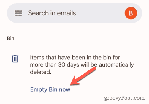 Opción de vaciar papelera en Gmail en el móvil