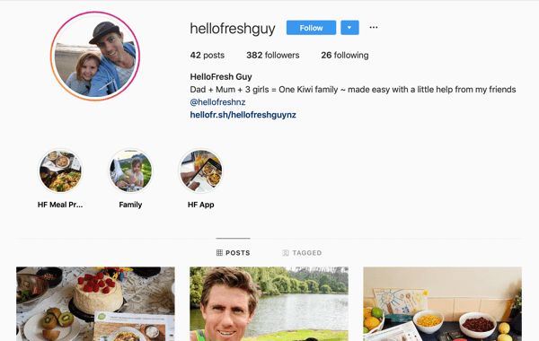Cómo reclutar influencers sociales pagados, ejemplo de feed de Instagram de @hellofreshguy
