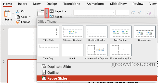 Nueva diapositiva, reutilizar diapositivas en PowerPoint en Mac