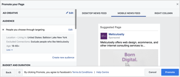 Facebook completará automáticamente la configuración de la audiencia en función de su página de ubicación. 