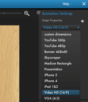 Haga clic en el menú Configuración de animación de Moovly para ver las opciones de optimización de la plataforma de video.