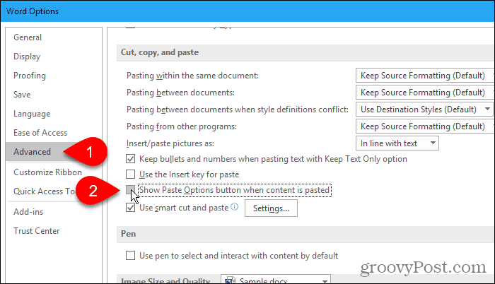 Desactive el botón Mostrar opciones de pegado cuando el contenido se pegue en Word