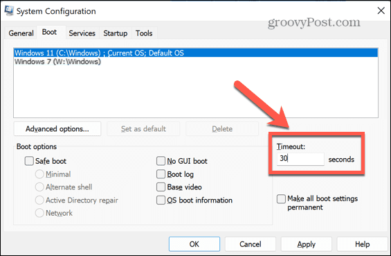 tiempo de espera de arranque de msconfig de Windows