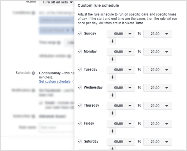 Establecer un horario de reglas personalizado para la regla automatizada de Facebook