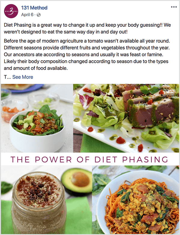 La página de Facebook del Método 131 publica sobre la eliminación gradual de la dieta.