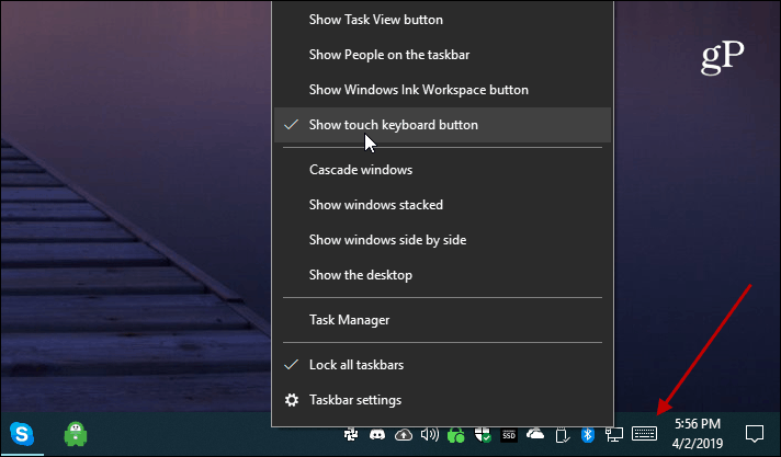 Botón de teclado táctil de Windows 10 Show