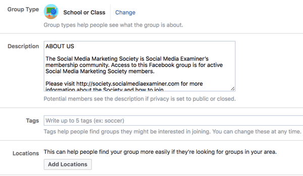 Proporcione detalles adicionales sobre su grupo de Facebook para que sea más fácil para las personas descubrirlo.