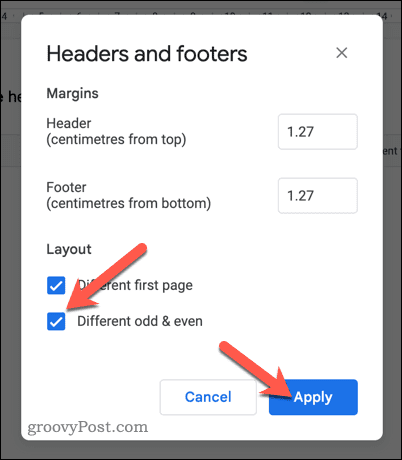 Establecer diferentes encabezados y pies de página pares e impares en Google Docs