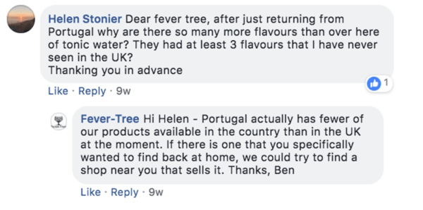 Ejemplo de Fever-Tree respondiendo a la pregunta de un cliente en una publicación de Facebook.
