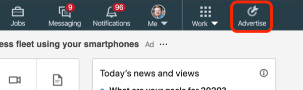 captura de pantalla del botón Anunciar en LinkedIn