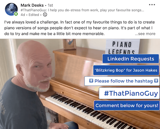 ejemplo de un video de LinkedIn de Mark Deeks que muestra superposiciones de texto de llamada a la acción, como "solicitud de LinkedIn", "por favor, siga el hashtag" y "comenta a continuación para el suyo" entre otros