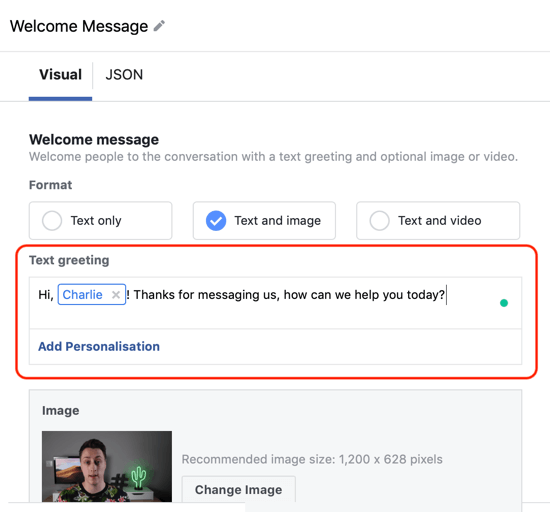 Cómo dirigirse a clientes potenciales cálidos con anuncios de Facebook Messenger, paso 12, ejemplo de personalización de plantilla personalizada de destino de mensajería