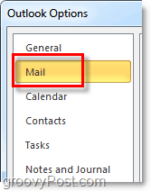 haga clic en la pestaña de opciones de correo en Outlook 2010