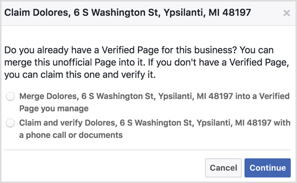 Seleccione la opción para fusionar una página de lugar no oficial con una página de Facebook verificada que administra.