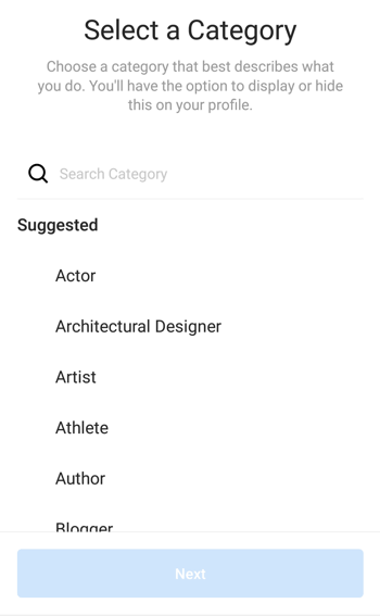 Selección de categoría de perfil de creador de Instagram, paso 1.