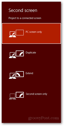  acceso directo de teclado de Windows 8 conectar nueva pantalla de diálogo pantalla de PC duplicado extender solo segunda pantalla