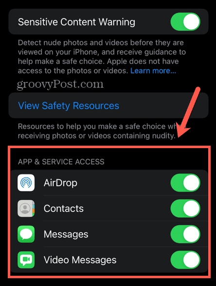 Opciones de advertencia de contenido confidencial de iOS