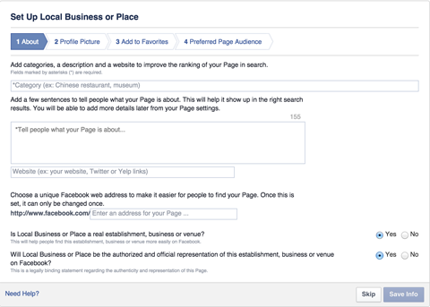 Configuración de la página de negocios locales de Facebook