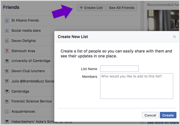 Ingrese un nombre para su lista de amigos de Facebook y seleccione qué amigos agregar.