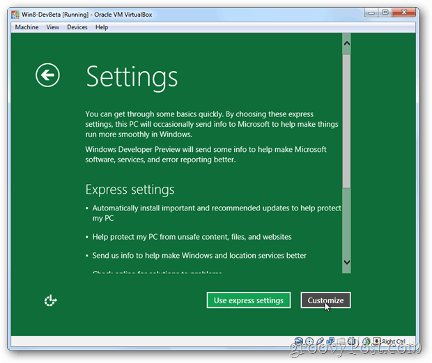 VirtualBox Windows 8 express o personalizar la configuración