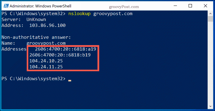 El comando NSlookup en una ventana de Windows 10 PowerShell, que muestra la información de búsqueda del servidor de nombres para Groovypost.com