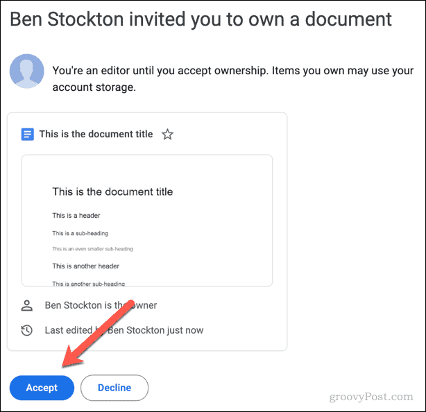 Invitación por correo electrónico para aceptar o rechazar la propiedad de un archivo de Google Docs