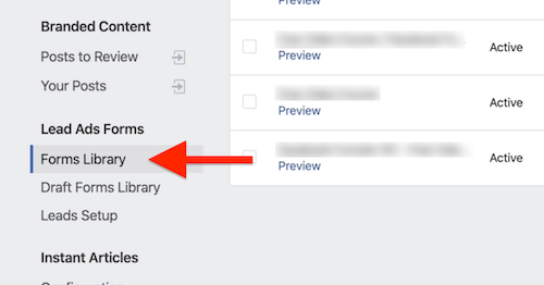 Opción de biblioteca de formularios en las herramientas de publicación de Facebook
