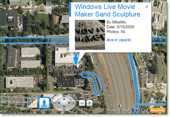 siga las líneas azules para ver dónde está disponible el lado de la calle y observe los pines verdes para los puntos de acceso de Photosynth