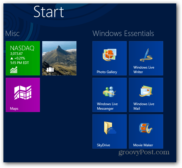 Pantalla de inicio de Windows Essentials