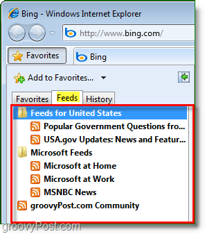la lista de feeds común ubicada en la barra de favoritos de Internet Explorer