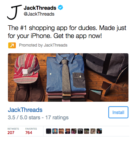 tweet de la tarjeta de instalación de la aplicación jack threads